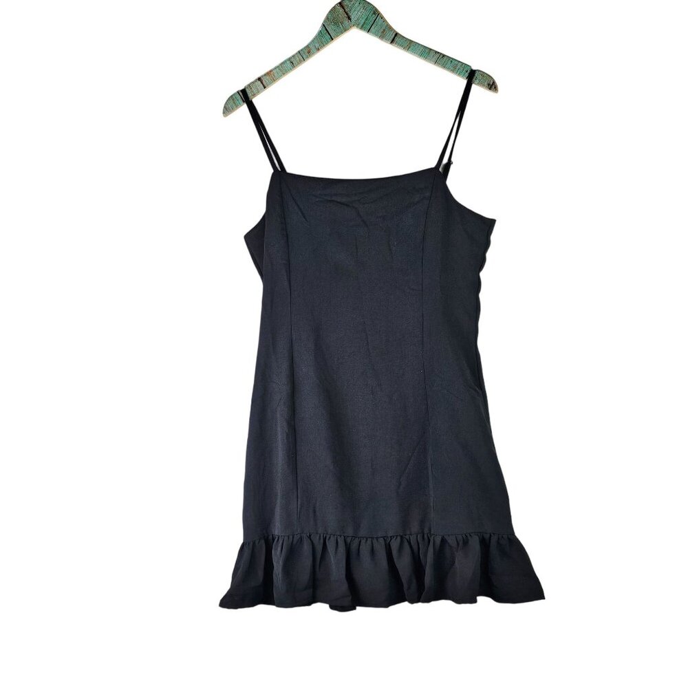 Glam Women's Ruffle Drop Waist Flowy Square Neck Little Black Dress LBD Mini, M - Picture 2 of 8